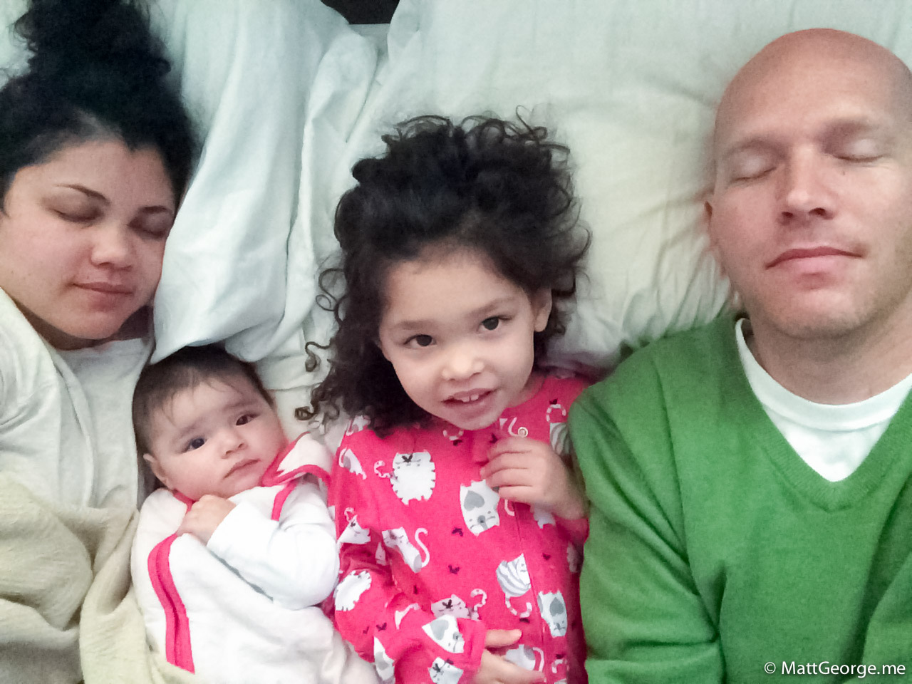 Mom, Baby Gianna, Bella, and Daddy on the Bed - Parents Sleeping and the Kids are Awake