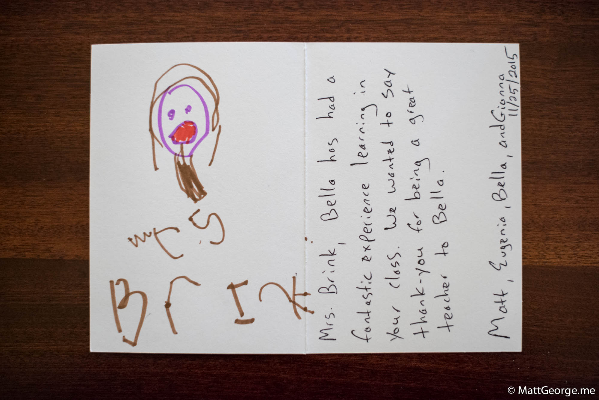 Bella's card for her teacher